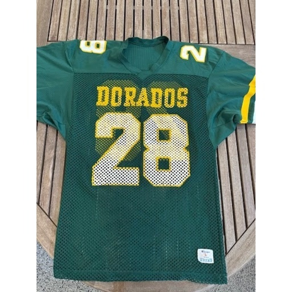 Vtg Late 70s / Early 80s Champion Nylon Green Mesh Football Jersey #28 "Dorados"